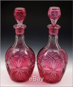 Fine Pair of American Cranberry Cut Overlay Glass Decanters