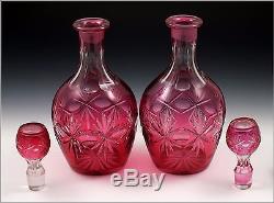 Fine Pair of American Cranberry Cut Overlay Glass Decanters