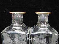 Fine Pair of Antique Etched Glass Decanters Exceptional Quality Gold Trimmed