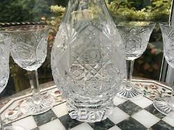 Fine star cut DECANTER CZECH REPUBLIC BOHEMIAN SET 6 WINE GLASSES QUEEN LACE