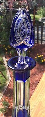 French Bohemian Blue Cut Glass to Clear 18 1/2 Decanter