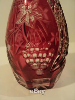 GORGEOUS ANTIQUE CRANBERRY CASED CUT-TO-CLEAR CUT GLASS DECANTER with GRAPE DESIGN