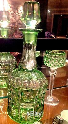 GREEN Bohemian Cut to Clear Crystal Wine Goblet 2 Glasses and Decanter