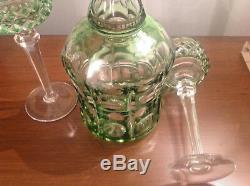 GREEN Bohemian Cut to Clear Crystal Wine Goblet 2 Glasses and Decanter