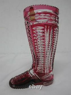 German Imperlux Ruby Cranberry Hand Cut To Clear 7 3/4 Equestrian Boot Vase