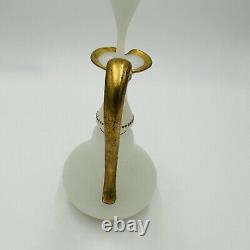Glass Decanter Pitcher Opaline White And Gold Trimmed Vintage Delicate Stopper