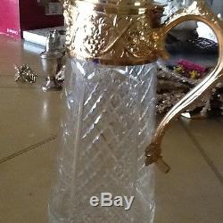 Gold With Hand Cut Glass Dazzling Wine Pitcher Decanter With Cover Antique Wow