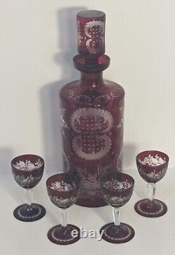 Gorgeous Bohemian Ruby Cut to Clear Decanter and Aperitif Glasses