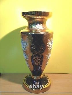 Gorgeous Large Bohemian Czech Cobalt Blue Enamel Hand Cut Crystal Vase 20 Tall