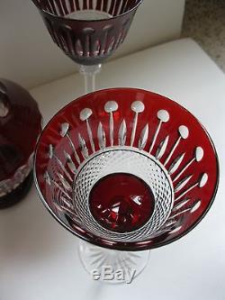 Gorgeous Noble Excellence Cut to Clear Ruby Red Crystal Decanter & (4) Goblets