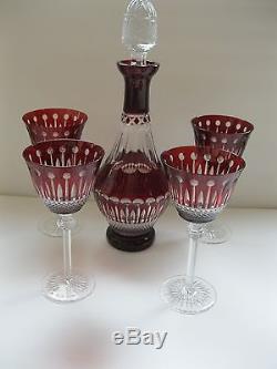 Gorgeous Noble Excellence Cut to Clear Ruby Red Crystal Decanter & (4) Goblets