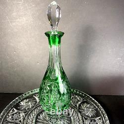Green Decanter Cut to Clear Emerald Green Floral Grape Star Motif Vintage #AB35