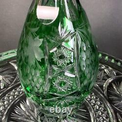 Green Decanter Cut to Clear Emerald Green Floral Grape Star Motif Vintage #AB35