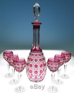 HTF Ajka or Faberge Russian Court Cranberry Cut To Clear Decanter Cordial Set