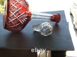 HUGE 12 3/4 Cut to Clear Ruby Red Leaded Glass Decanter with Original Stopper