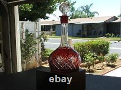 HUGE 12 3/4 Cut to Clear Ruby Red Leaded Glass Decanter with Original Stopper