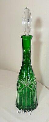 HUGE antique green cut to clear Czech Bohemian crystal glass decanter bottle