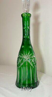 HUGE antique green cut to clear Czech Bohemian crystal glass decanter bottle