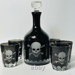Halloween? Pirate? Skull Black Cut To Clear Glass Decanter & 5 Glasses