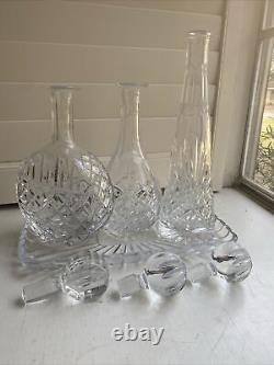 Hand-cut Clear Crystal Decanters (set of 3) Withlids And Plate Unmarked See Pics