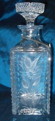 Heavy Diamond Cut Crystal Glass Decanter withStopper Floral Intaglio Design ID Tag