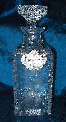 Heavy Diamond Cut Crystal Glass Decanter withStopper Floral Intaglio Design ID Tag