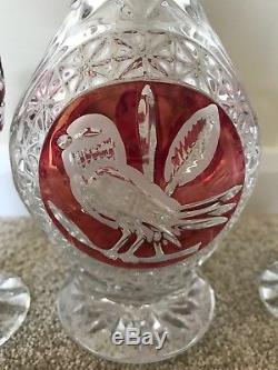 Hofbauer Red Crystal Decanter and 4 Glasses with Bird Detail NEW
