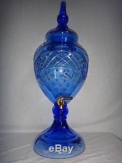 Huge Antique Cut Cobalt Blue Glass Whisky Decanter Apothecary Jar Samovar Bar