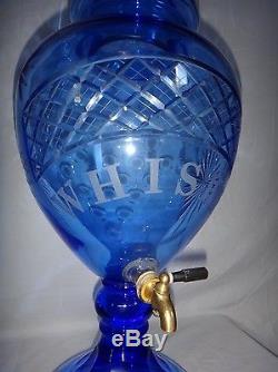 Huge Antique Cut Cobalt Blue Glass Whisky Decanter Apothecary Jar Samovar Bar
