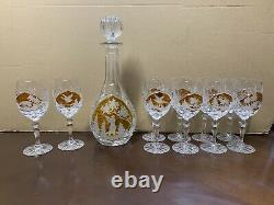 Hunting Motif Orange Cut To Clear Etched Crystal Wine Decanter & Glasses