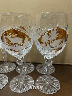 Hunting Motif Orange Cut To Clear Etched Crystal Wine Decanter & Glasses