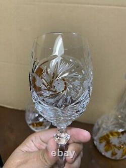 Hunting Motif Orange Cut To Clear Etched Crystal Wine Decanter & Glasses