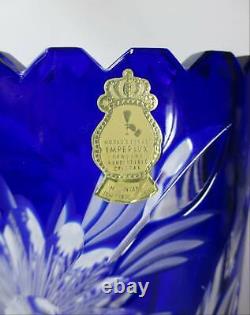 IMPERLUX GDR COBALT BLUE CUT TO CLEAR 10.75h OVAL VASE WITH DAISY FLOWERS & GEO