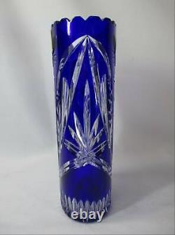 IMPERLUX GDR COBALT BLUE CUT TO CLEAR 10.75h OVAL VASE WITH DAISY FLOWERS & GEO