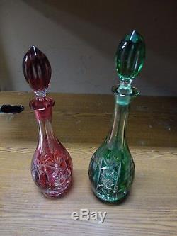 Imperlux German Lead Crystal 24% Hand Cut Ruby & Green Decanters with Stoppers