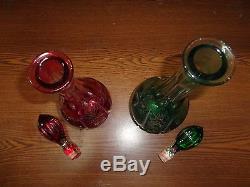 Imperlux German Lead Crystal 24% Hand Cut Ruby & Green Decanters with Stoppers
