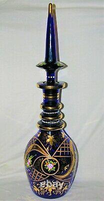 Incredible Antique Blue/gold Hand Painted Bohemian Cut To Clear Glass Decanter
