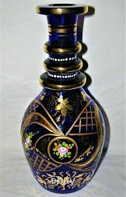Incredible Antique Blue/gold Hand Painted Bohemian Cut To Clear Glass Decanter
