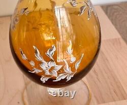 Italian Glass Decanter And Glasses Hand Painted Floral Pattern Gold Trimmed