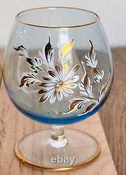 Italian Glass Decanter And Glasses Hand Painted Floral Pattern Gold Trimmed