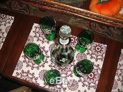 J & S Hand Cut Hand Painted Decanter With5 Glasses-Painted Glass-Floral Art Glass
