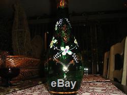 J & S Hand Cut Hand Painted Decanter With5 Glasses-Painted Glass-Floral Art Glass