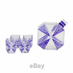 Karl Palda Art Deco Clear Crystal and Blue Decanter and Four Shot Glasses