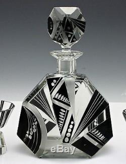 Karl Palda Art Deco Modernistic Cut Glass & Enameled Liquor Decanter Set 1930's