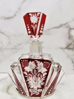 Karl Palda for Haida Art Deco Decanter Ruby Red Cut Bohemian Glass