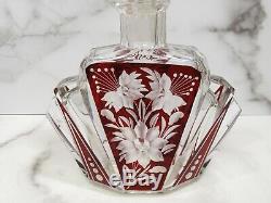 Karl Palda for Haida Art Deco Decanter Ruby Red Cut Bohemian Glass