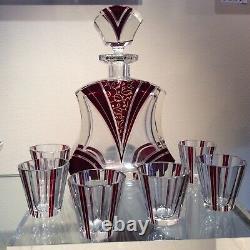 Karl Palda hand cut crystal decanter set In Red Czech Origin. Mint Condition