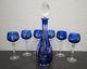Lot German Lead Crystal 24% Hand Cut Cobalt Blue Lausitzer Decanter 6 Stem Glass
