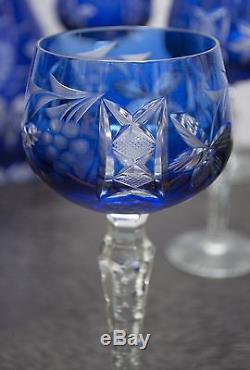 LOT German Lead Crystal 24% Hand Cut cobalt Blue Lausitzer Decanter 6 stem glass
