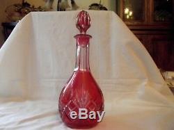 Large 14 WINE WATER DECANTER Cranberry Red cut to clear crystal glass bohemian